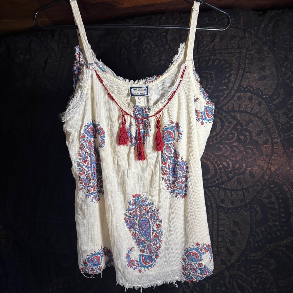 Fine cotton gauze tank with beaded tassels